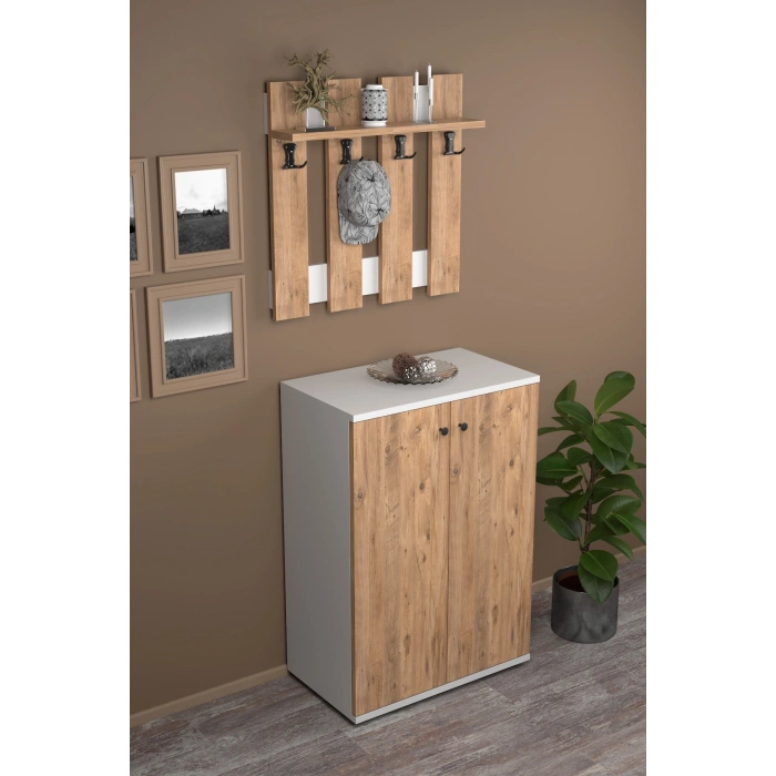 Portmanto Vestiyer 5 Raflı Ayakkabılık Ve Çit Duvar Askılık Set Çam-Beyaz