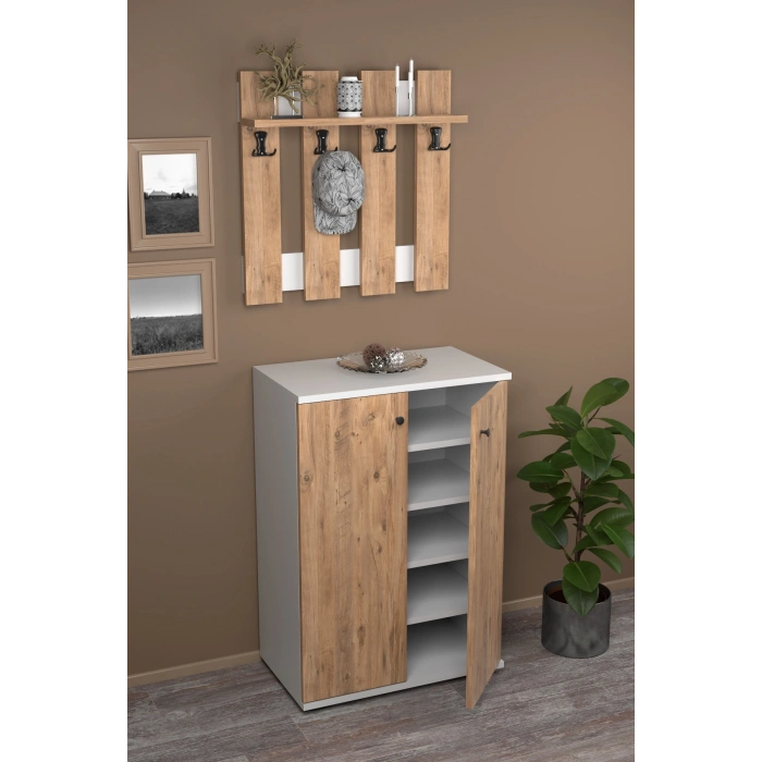 Portmanto Vestiyer 5 Raflı Ayakkabılık Ve Çit Duvar Askılık Set Çam-Beyaz