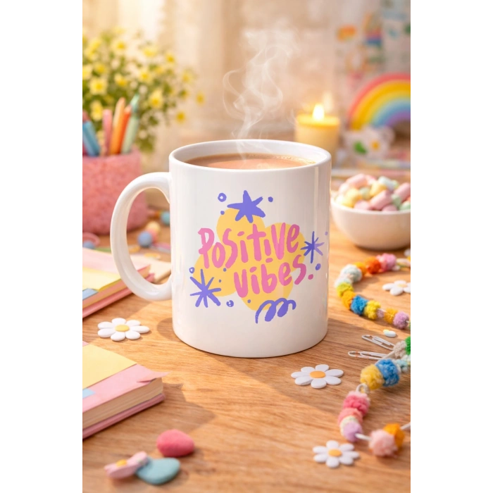 Positive Vibes Porselen Kupa MODEL 138 – Renkli Tasarım Motivasyon Kupası – Pozitif Enerji Veren Kahve & Çay Kupası