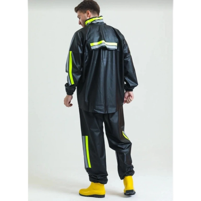 Premium Motorcu Kurye Yağmurluk Takım Su Geçirmez PVC Kumaş Reflektörlü TÜBİTAK Onaylı - Siyah