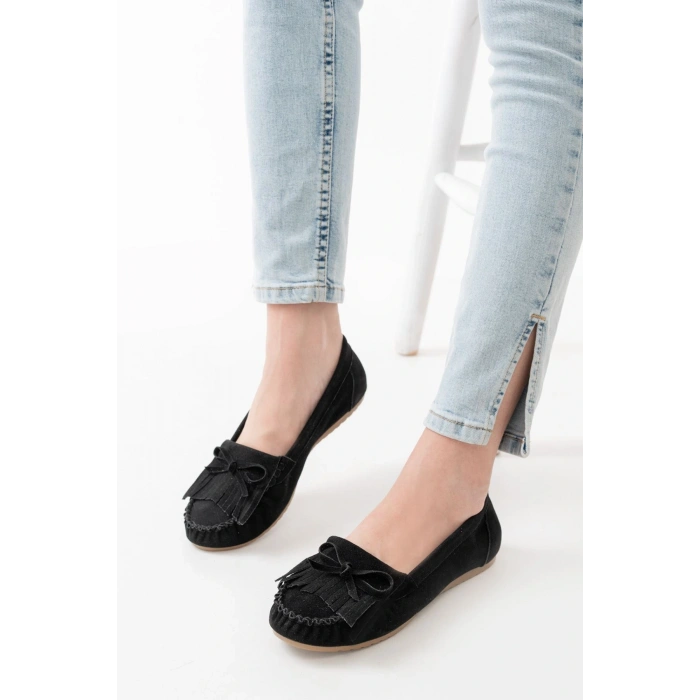 PS-100 Siyah Süet Püsküllü Günlük Kadın Babet