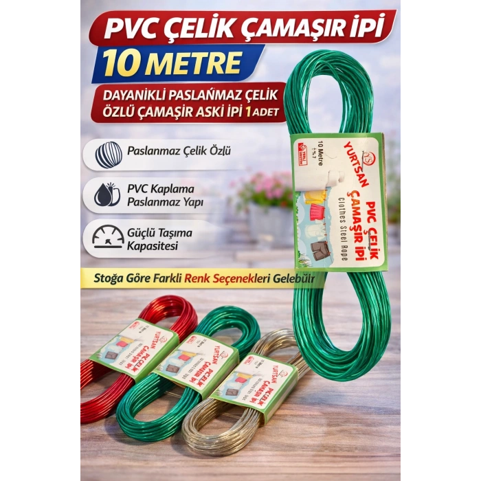 PVC Çelik Çamaşır İpi 10 Metre Dayanıklı Paslanmaz Çelik Özlü Çamaşır Askı İpi 1 Adet