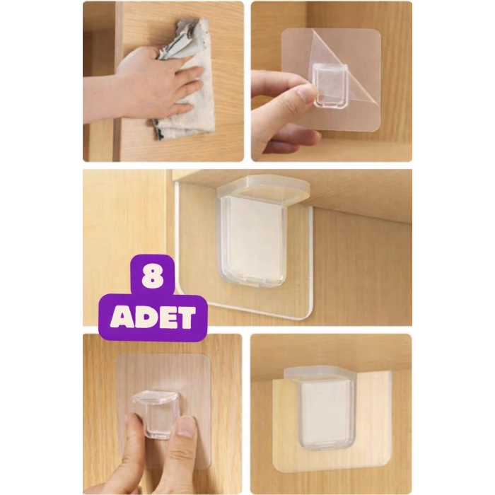 Raf Köşe Tutucu Yapışkanlı Dolap İçi Köşe Destek Aparatı 8 Adet Çok Amaçlı Klips