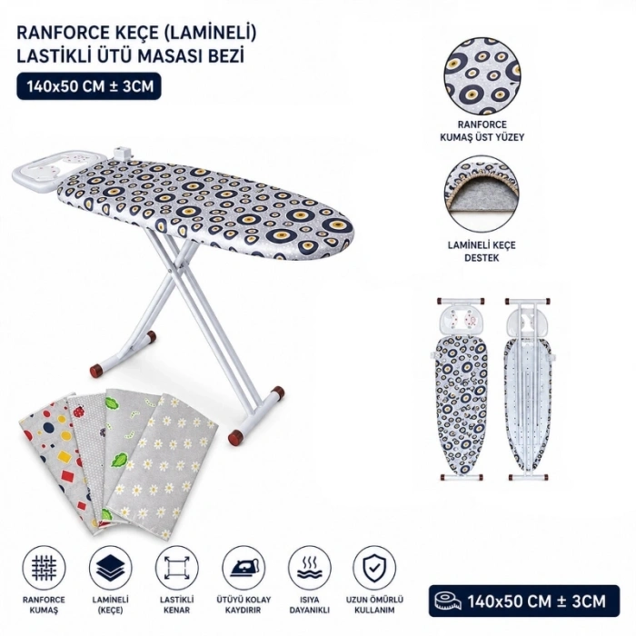 Ranforce Keçe Ütü Masası Bezi - Lastikli - Lamineli - 140x50 cm
