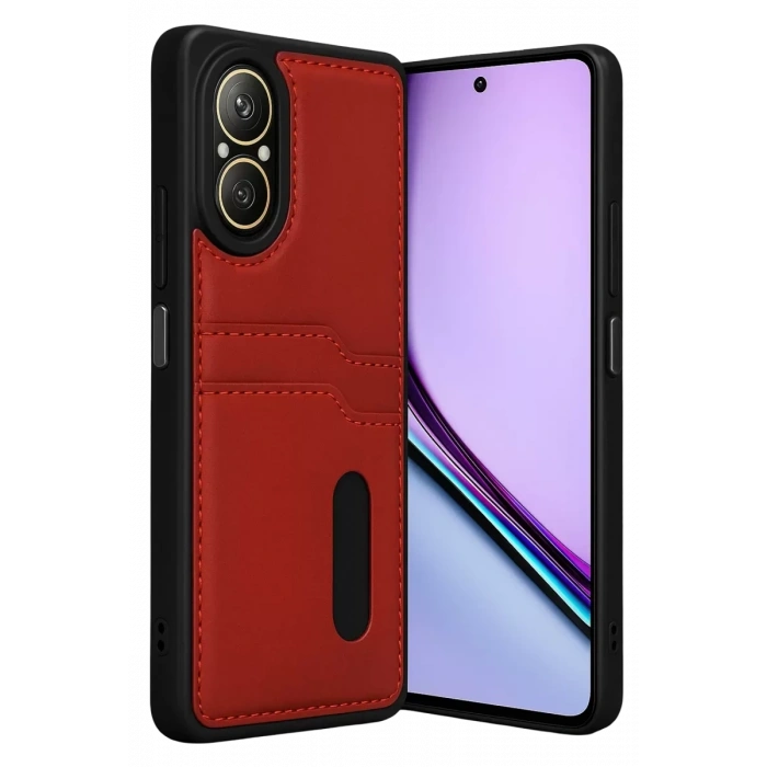 Realme 12 Lite Kılıf Sara Kartvizitli Deri Kılıf - Kırmızı
