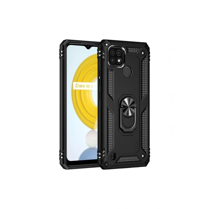 Realme C21 Kılıf Sofya Yüzüklü Silikon Kapak - Siyah