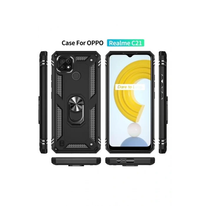 Realme C21 Kılıf Sofya Yüzüklü Silikon Kapak - Siyah