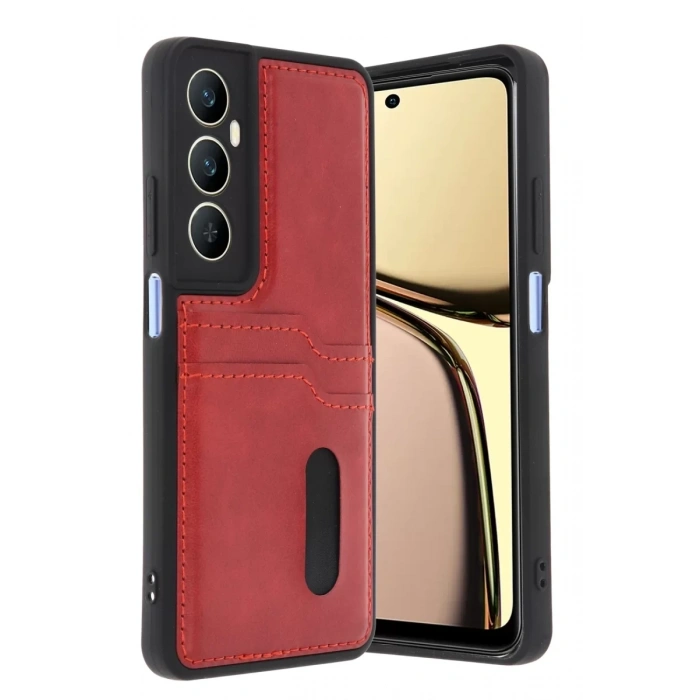 Realme C65 Sara Kartvizitli Deri Kılıf - Kırmızı