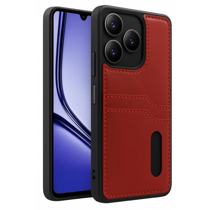 Realme Note 50 4G Kılıf Sara Kartvizitli Deri Kılıf - Kırmızı