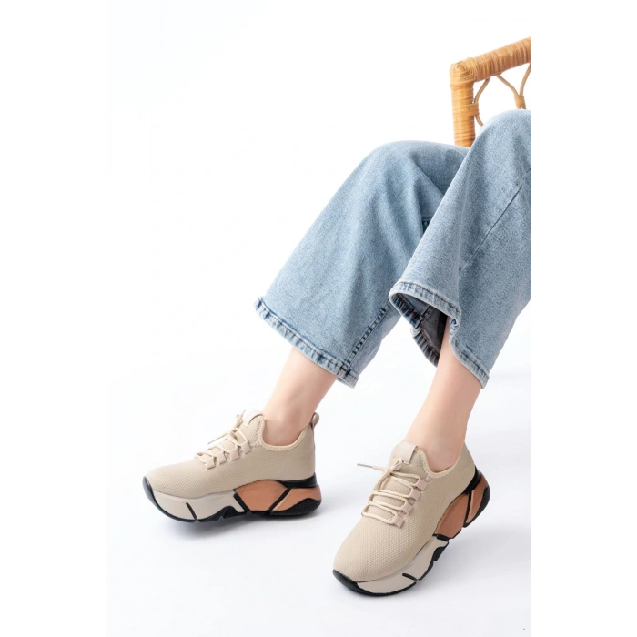 RS-400  Bej Bağcıklı Fileli Renkli Taban Günlük Kadın Spor