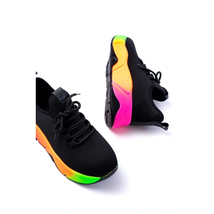 RS-400  Siyah Bağcıklı Fileli Renkli Taban Günlük Kadın Spor