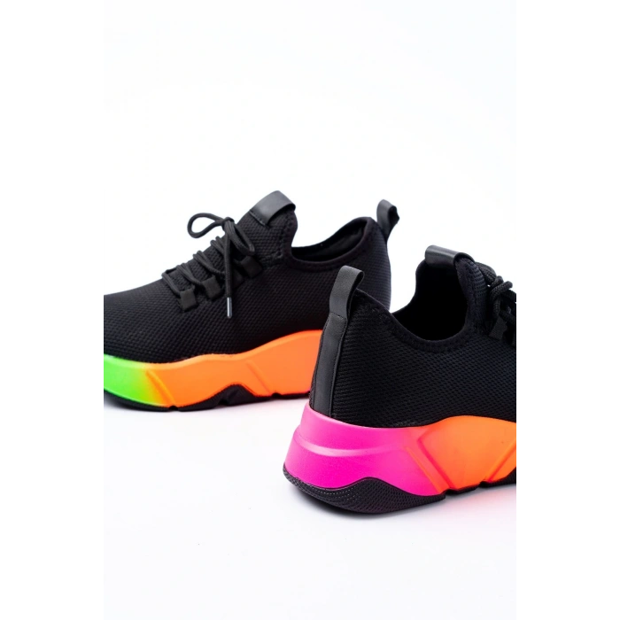 RS-400  Siyah Bağcıklı Fileli Renkli Taban Günlük Kadın Spor