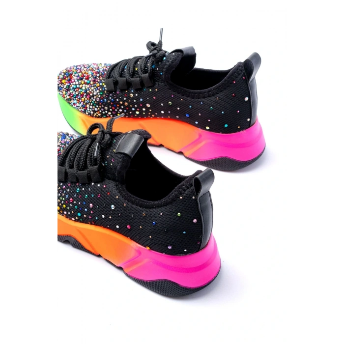 RS-403  Siyah Bağcıklı Fileli Multi Taşlı Renkli Taban Günlük Kadın Spor