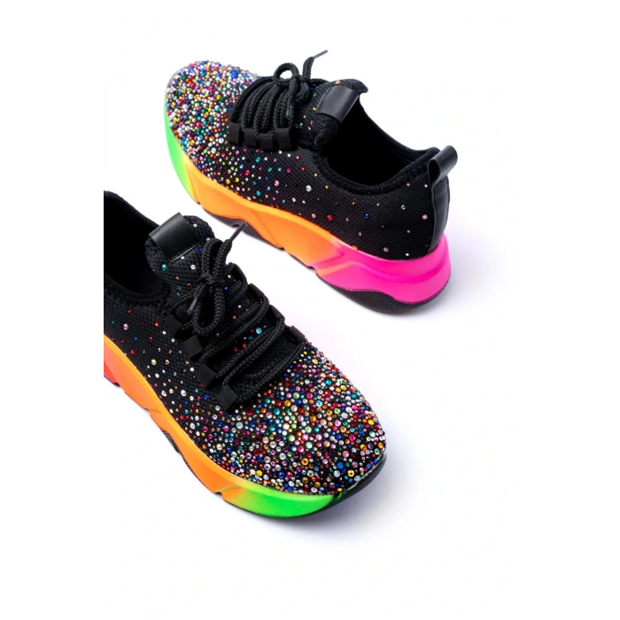 RS-403  Siyah Bağcıklı Fileli Multi Taşlı Renkli Taban Günlük Kadın Spor