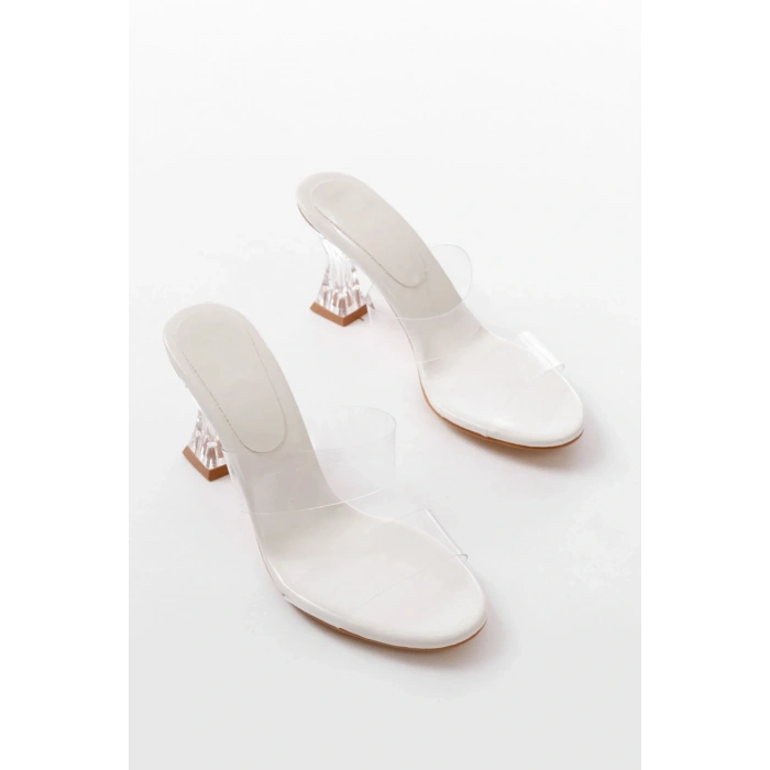 S-618 Beyaz Rugan Çift  Bantlı Topuklu Kadın Terlik