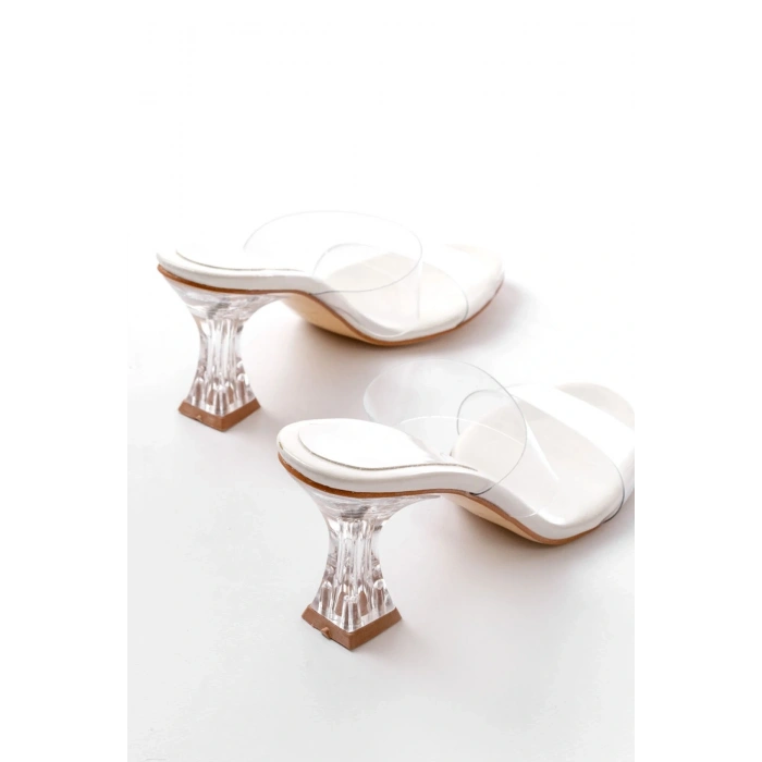 S-618 Beyaz Rugan Çift  Bantlı Topuklu Kadın Terlik