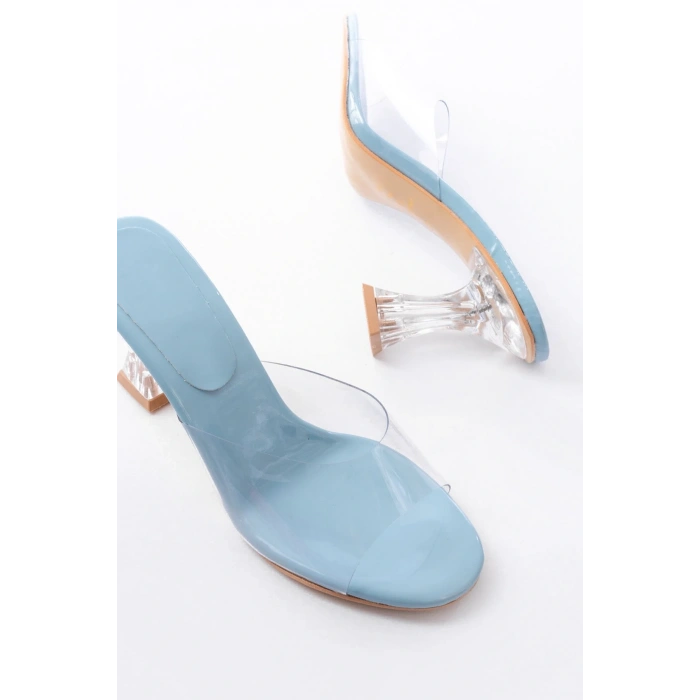 S-619 Bebe Mavi Rugan Şeffaf Bantlı Şeffaf Topuklu Yuvarlak Burunlu Kadın Terlik