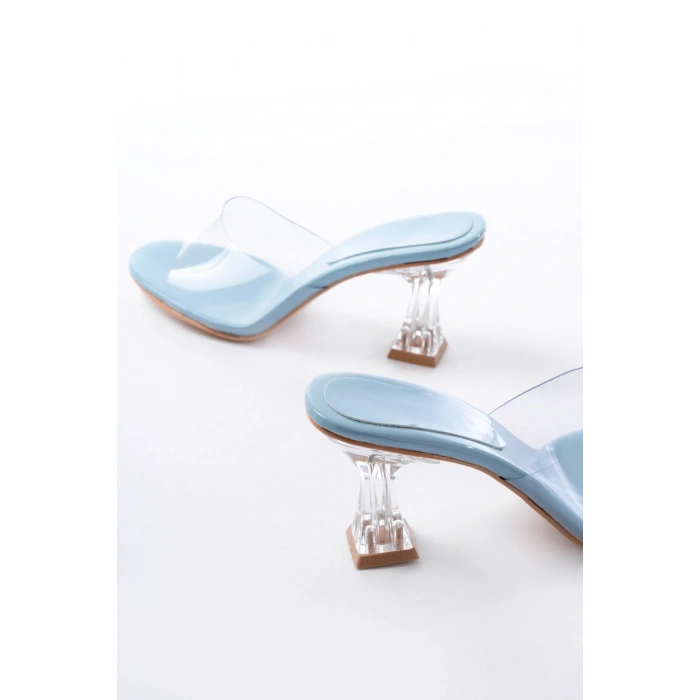 S-619 Bebe Mavi Rugan Şeffaf Bantlı Şeffaf Topuklu Yuvarlak Burunlu Kadın Terlik