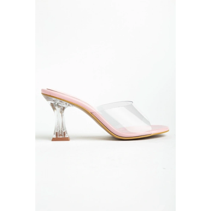 S-619 Pembe Rugan Şeffaf Bantlı Şeffaf Topuklu Yuvarlak Burunlu Kadın Terlik