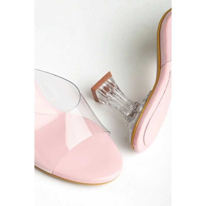 S-619 Pembe Rugan Şeffaf Bantlı Şeffaf Topuklu Yuvarlak Burunlu Kadın Terlik