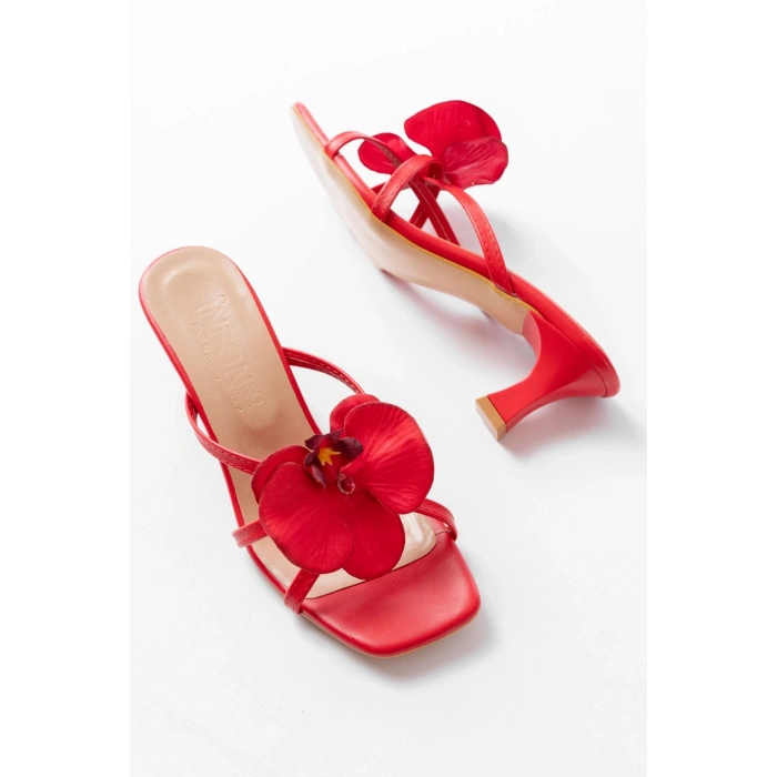 S-622 Kırmızı Orkide Detaylı İnce Topuklu Kadın Terlik
