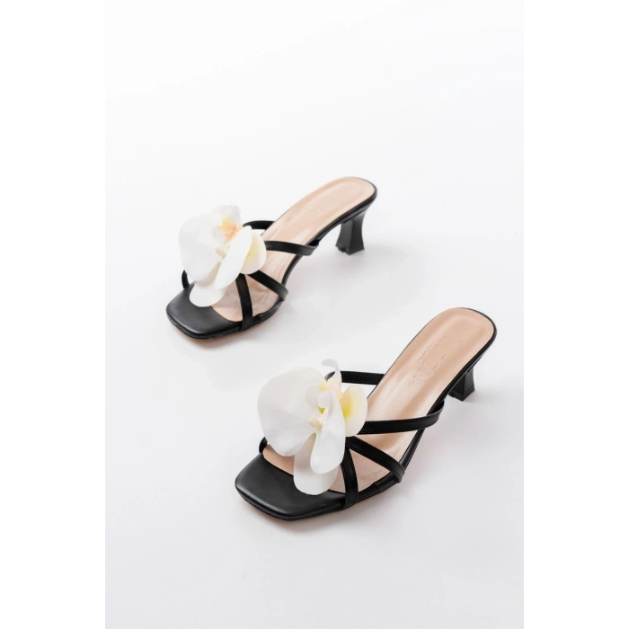 S-622 Siyah Orkide Detaylı İnce Topuklu Kadın Terlik