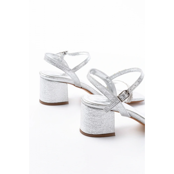 S-890 Gümüş Çift Bantlı Taşlı Kalın Topuklu Kadın Ayakkabı