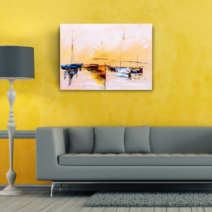 Sahilde Demirli Yelkenliler Yağlıboya Kanvas Tablo 50 x 70