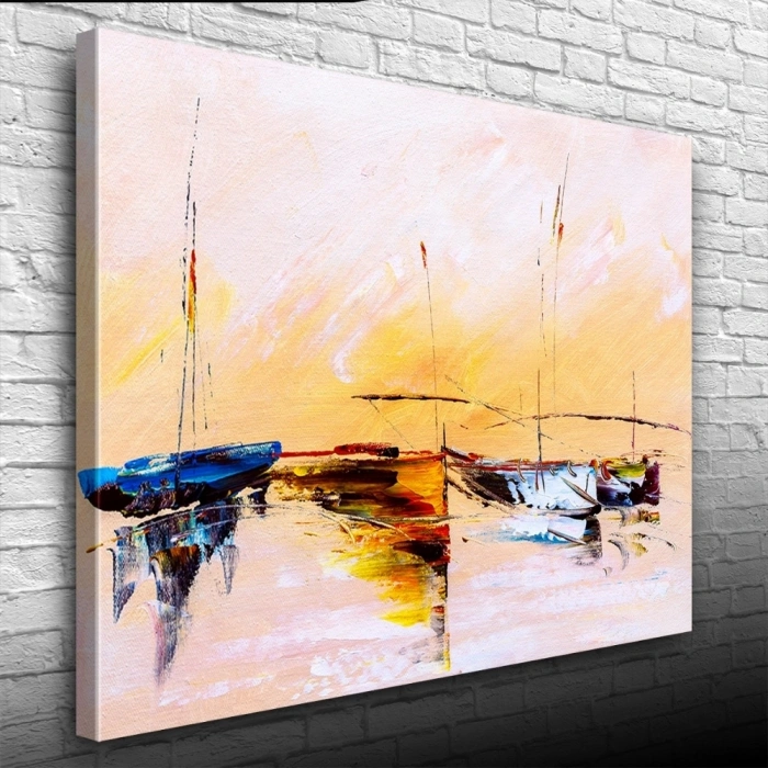 Sahilde Demirli Yelkenliler Yağlıboya Kanvas Tablo 50 x 70