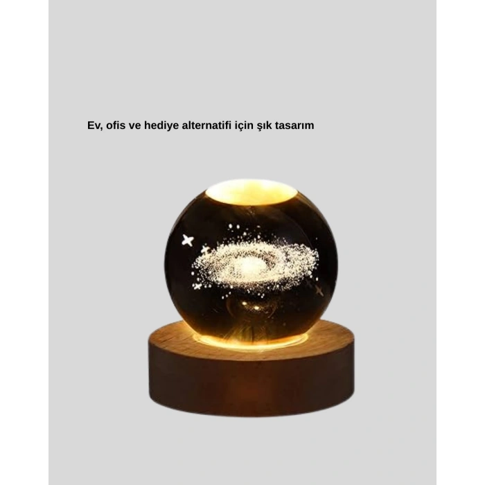 Samanyolu Desenli Kristal Küre Ahşap Standlı Gün Işığı LED Masa Lambası