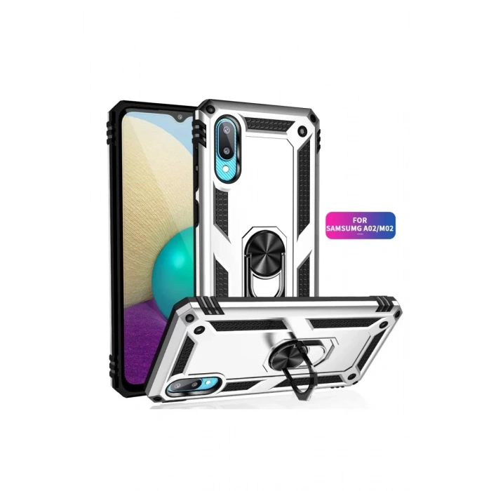 Samsung Galaxy A02 Kılıf Sofya Yüzüklü Silikon Kapak - Gümüş