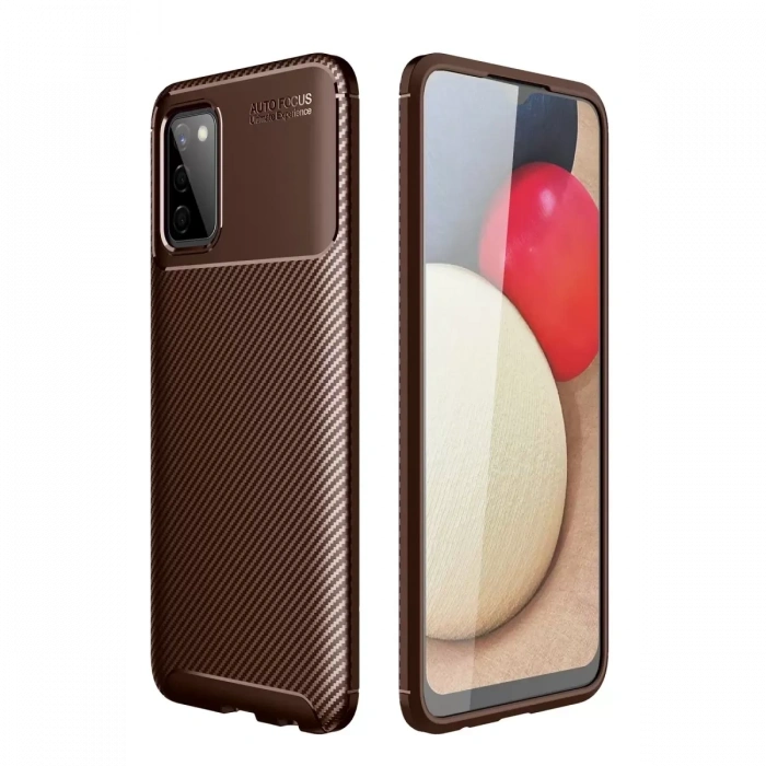 Samsung Galaxy A02S Kılıf Auto Focus Karbon Kapak - Kahverengi