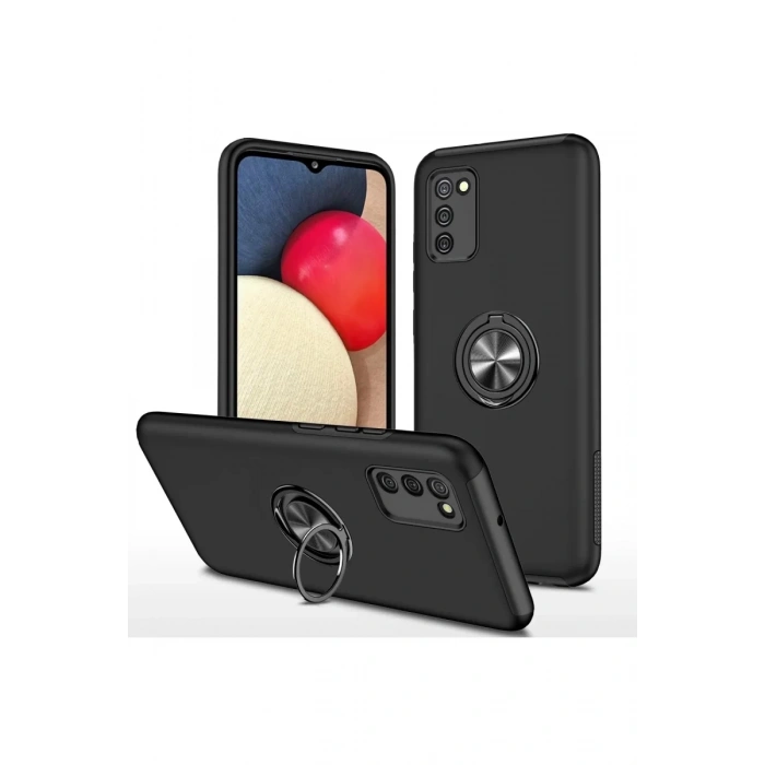 Samsung Galaxy A02S Kılıf Elit Yüzüklü Kapak - Siyah