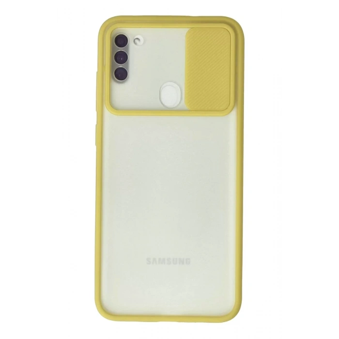 Samsung Galaxy A11 Kılıf Palm Buzlu Kamera Sürgülü Silikon - Sarı