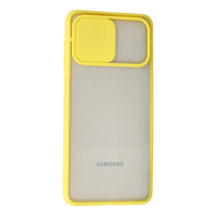 Samsung Galaxy A12 Kılıf Palm Buzlu Kamera Sürgülü Silikon - Sarı