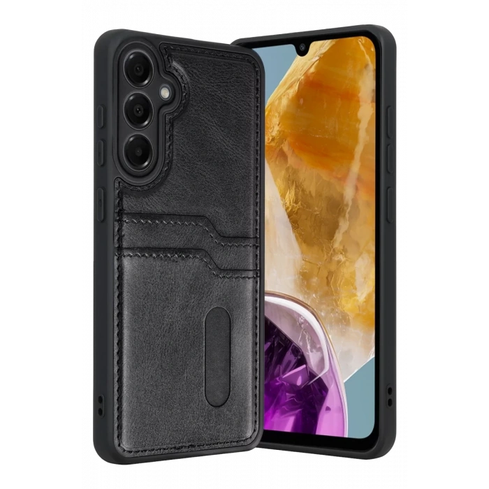 Samsung Galaxy M15 Sara Kartvizitli Deri Kılıf - Siyah