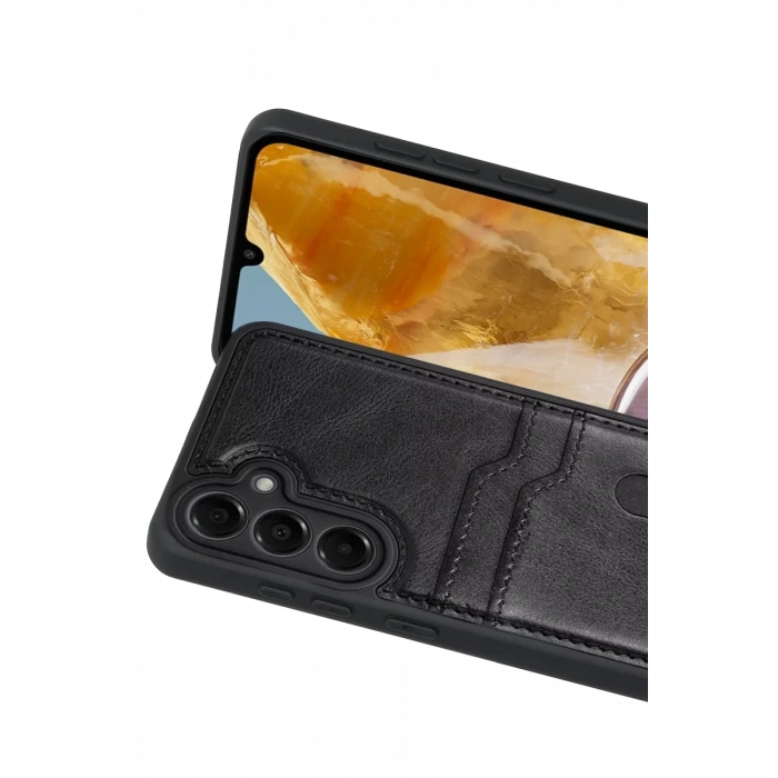 Samsung Galaxy M15 Sara Kartvizitli Deri Kılıf - Siyah