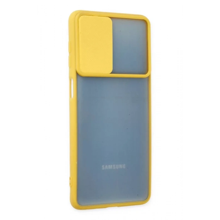 Samsung Galaxy M52 5G Kılıf Palm Buzlu Kamera Sürgülü Silikon - Sarı