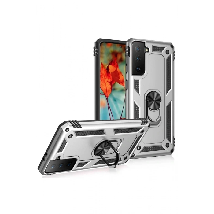 Samsung Galaxy S21 Kılıf Sofya Yüzüklü Silikon Kapak - Gümüş