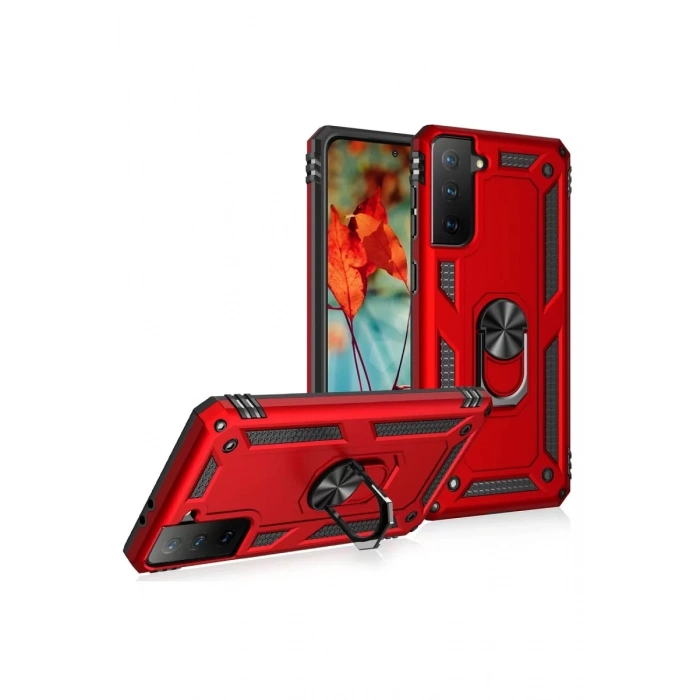 Samsung Galaxy S21 Kılıf Sofya Yüzüklü Silikon Kapak - Kırmızı