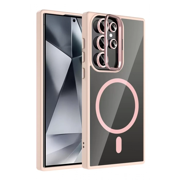 Samsung Galaxy S23 Ultra Remim Lensli Magsafe Standlı Kapak - Pembe