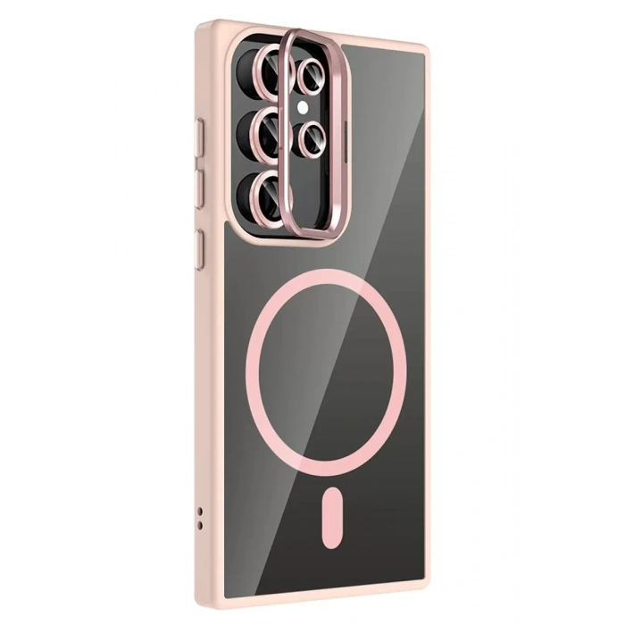 Samsung Galaxy S23 Ultra Remim Lensli Magsafe Standlı Kapak - Pembe