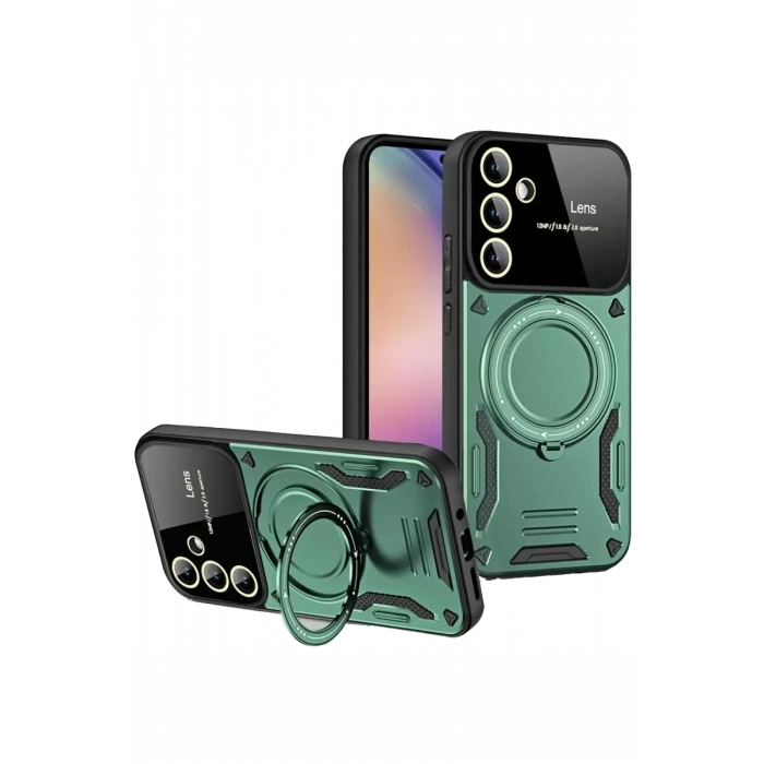 Samsung Galaxy S24 FE Kılıf Joy Lens Standlı Kapak - Koyu Yeşil