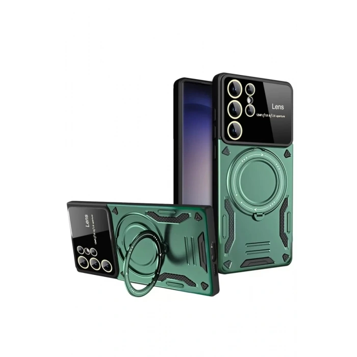 Samsung Galaxy S24 Ultra Kılıf Joy Lens Standlı Kapak - Koyu Yeşil