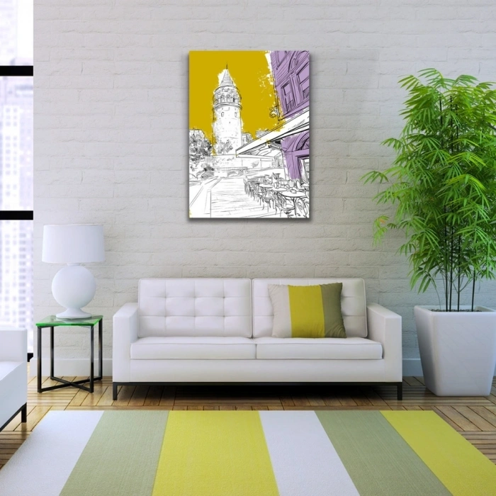 Sarı, Beyaz ve  Mor Tonlarda Galata Kulesi ve kafe Görseli Kanvas Tablo 50 x 70