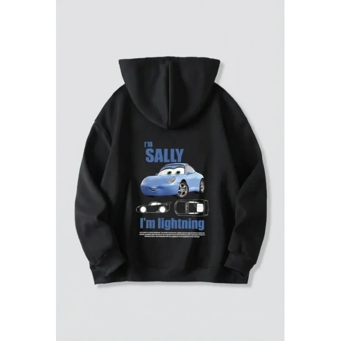 Sevgililer Günü Araba Temalı Baskılı Oversize Kapüşonlu Sweatshirt Hoodie - Siyah