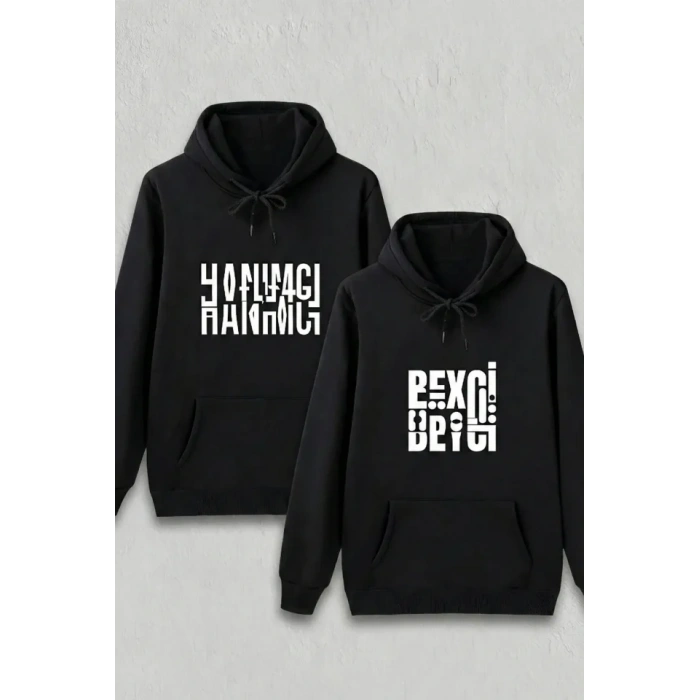 Sevgililer Günü Beyci Hediye Baskılı Oversize Kapüşonlu Sweatshirt - Siyah