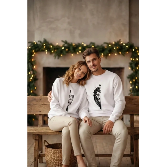 Sevgililer Günü Özel Bisiklet Yaka Aslan Baskılı Oversize Sweatshirt - Beyaz