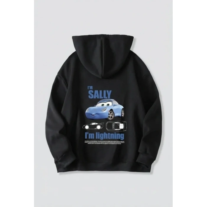 Sevgililer Günü Özel Kapüşonlu Araba Baskılı Oversize Sweatshirt - Siyah