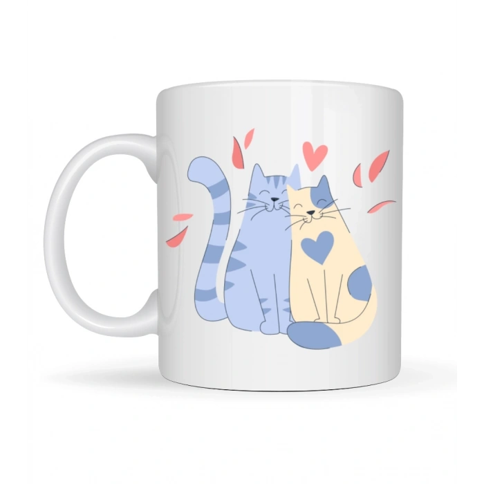 Sevimli Aşık Kediler Desenli Porselen Kupa Model 42 – Love Cats Tasarım Sevgiliye Hediye, Kahve & Çay Kupası